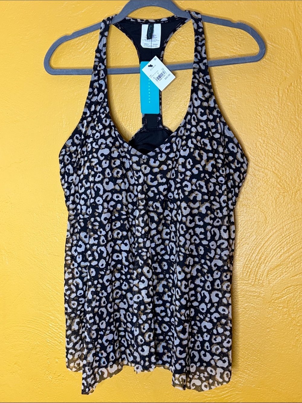 Aqua Green Black and White Leopard Print Racerback Swim Tank Tankini Top NWT XL